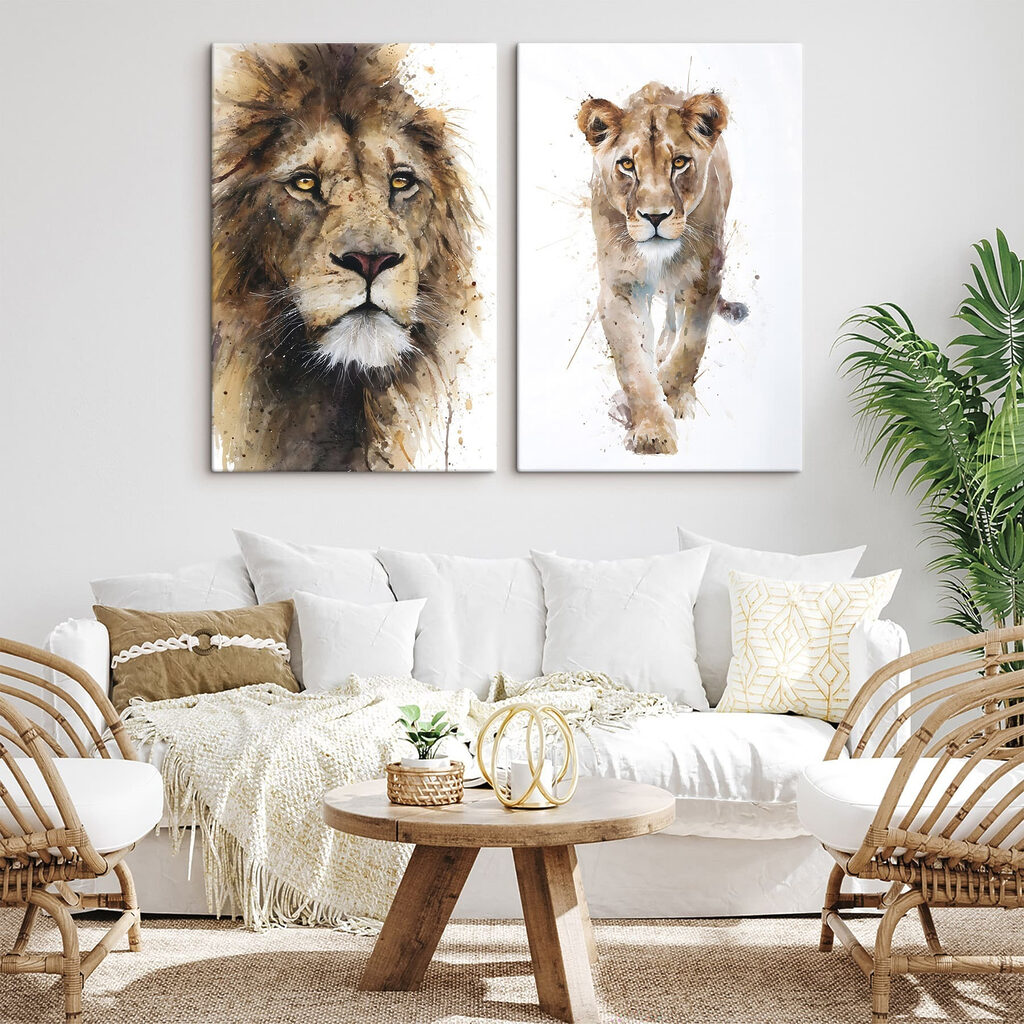 Schilderij van een leeuw en een leeuwin in een interieur