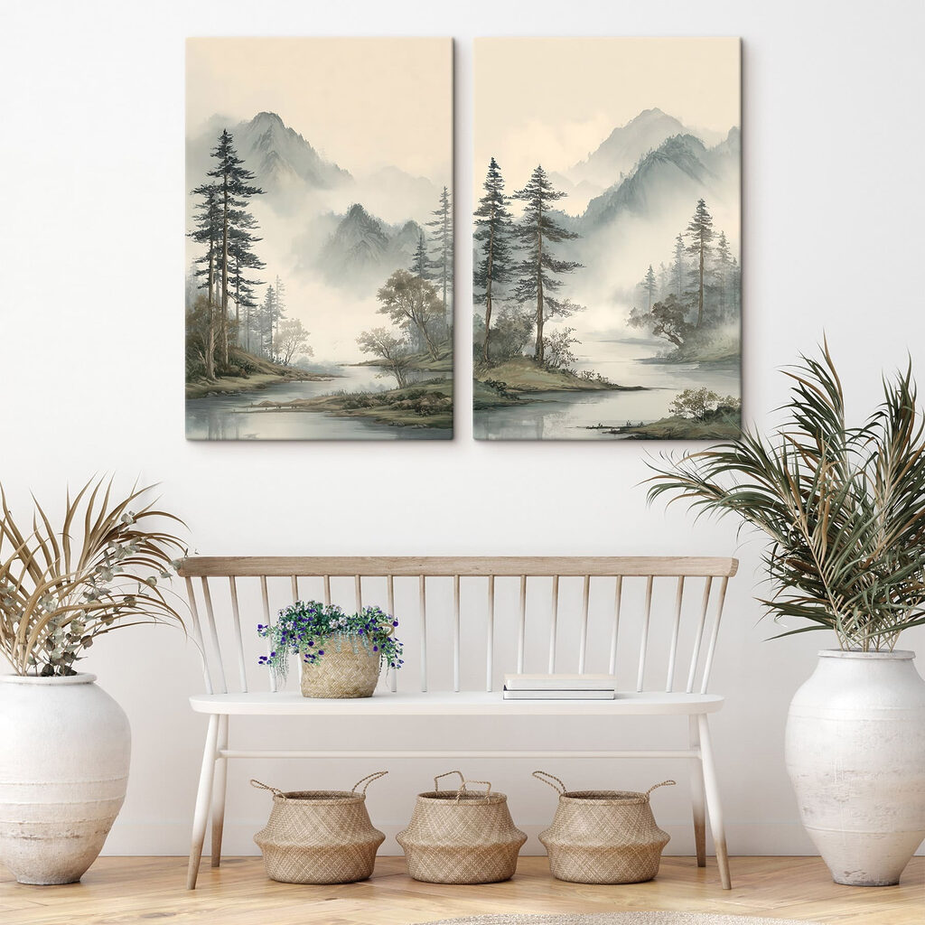 Schilderij van een rivier met bomen en bergen in een interieur
