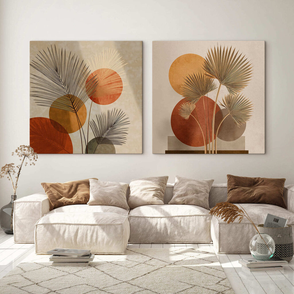 Twee afbeeldingen van een palmboom in een interieur