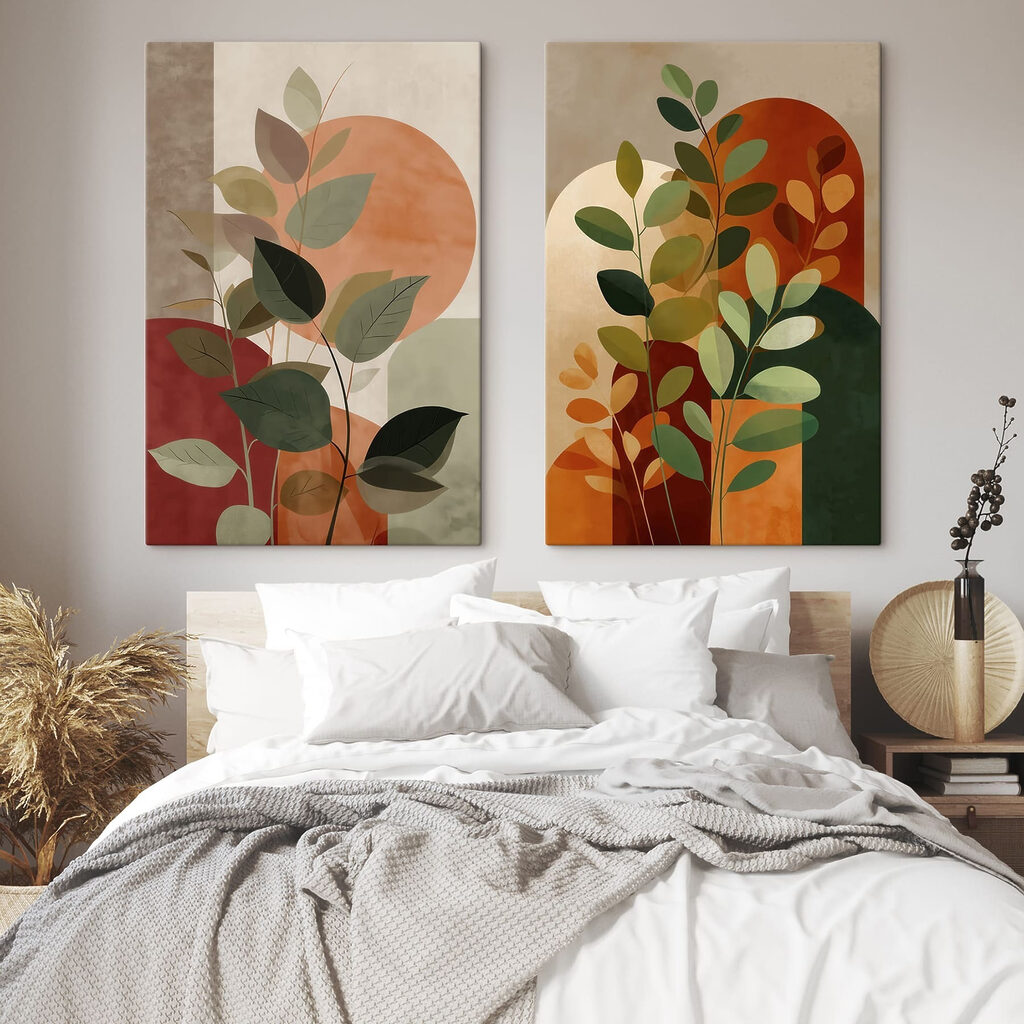 Schilderij van bladeren en een zon in een interieur