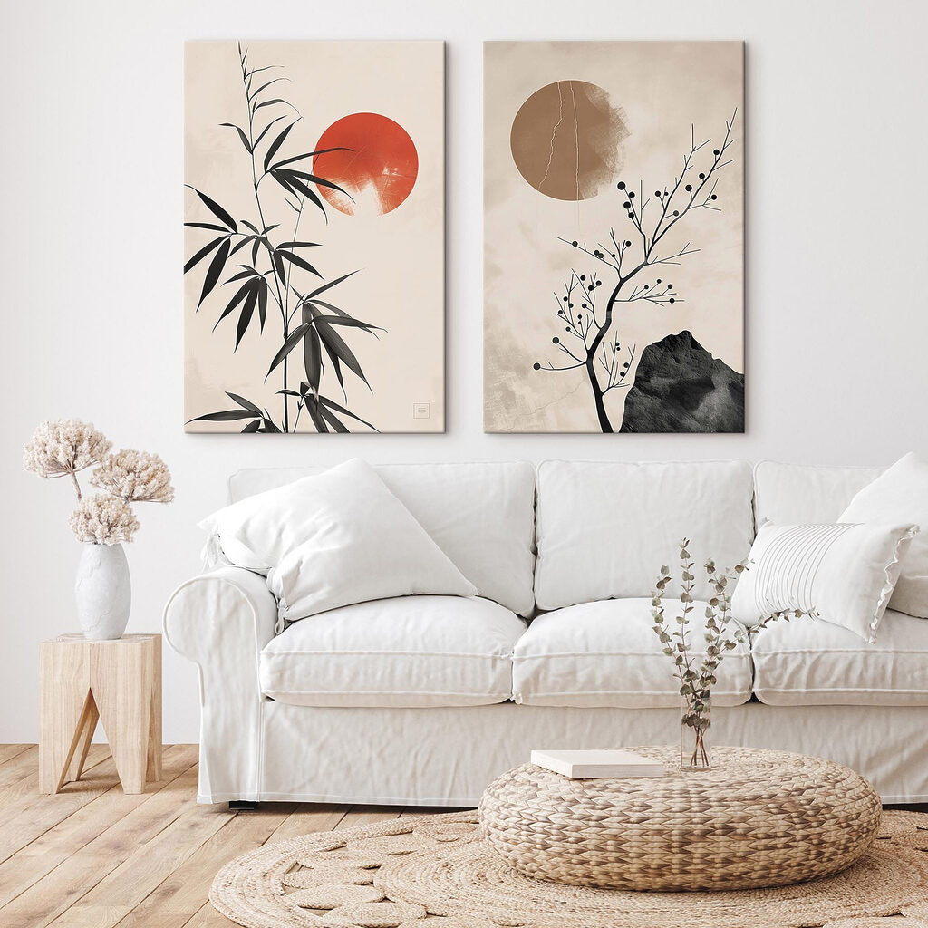 Twee afbeeldingen van planten en een rode zon in een interieur