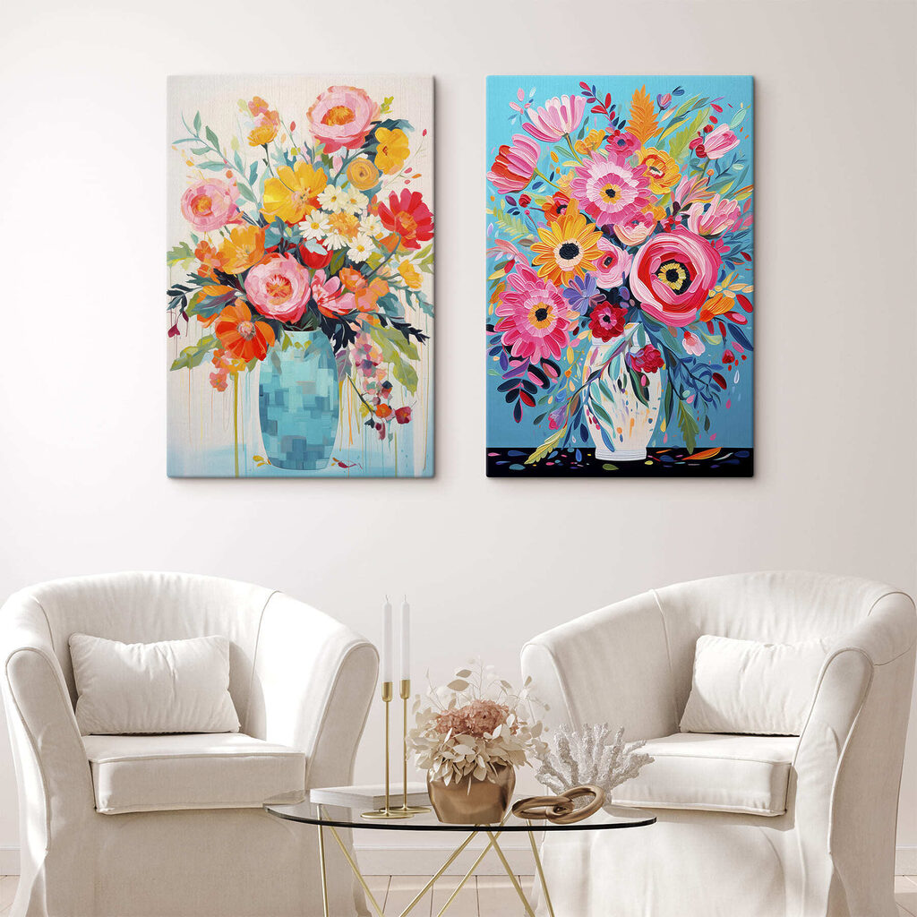 Collage van bloemenschilderijen in een interieur