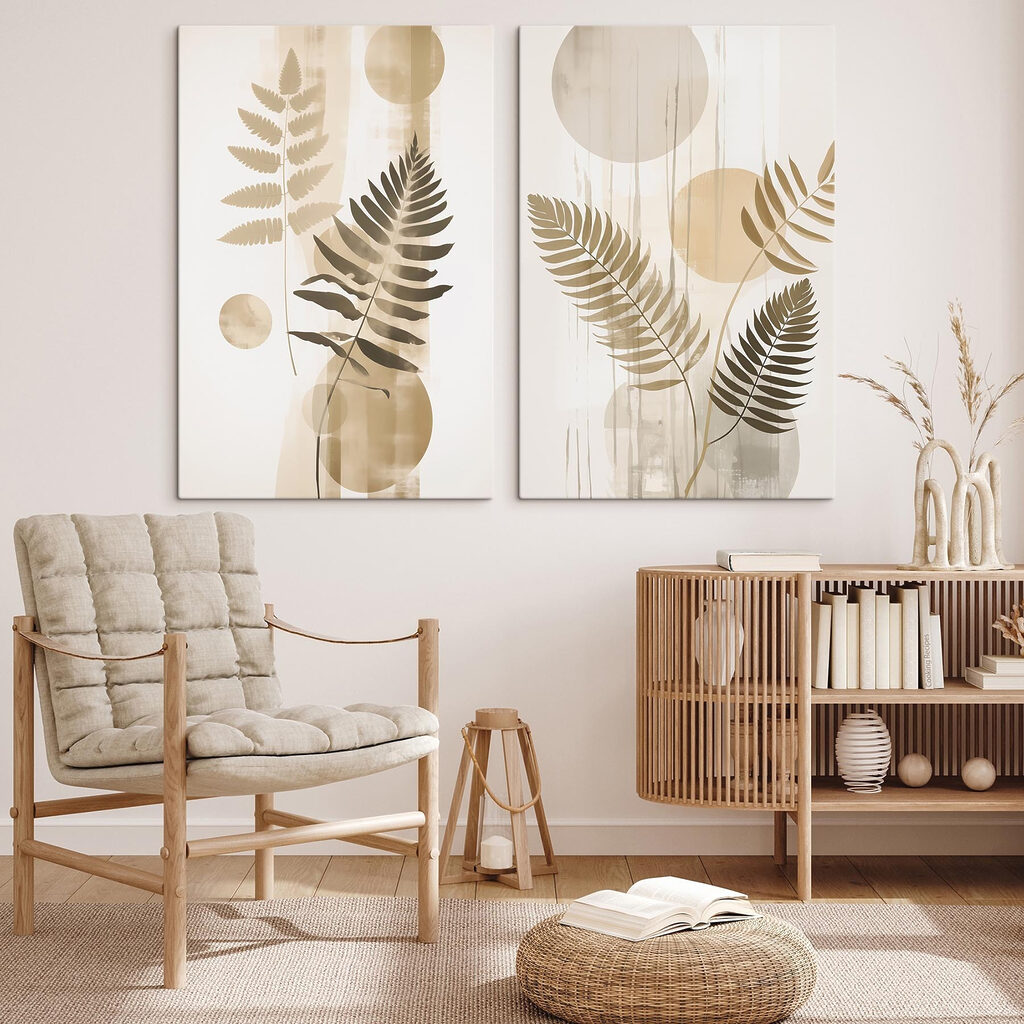 Twee kunstwerken met bladeren en cirkels in een interieur
