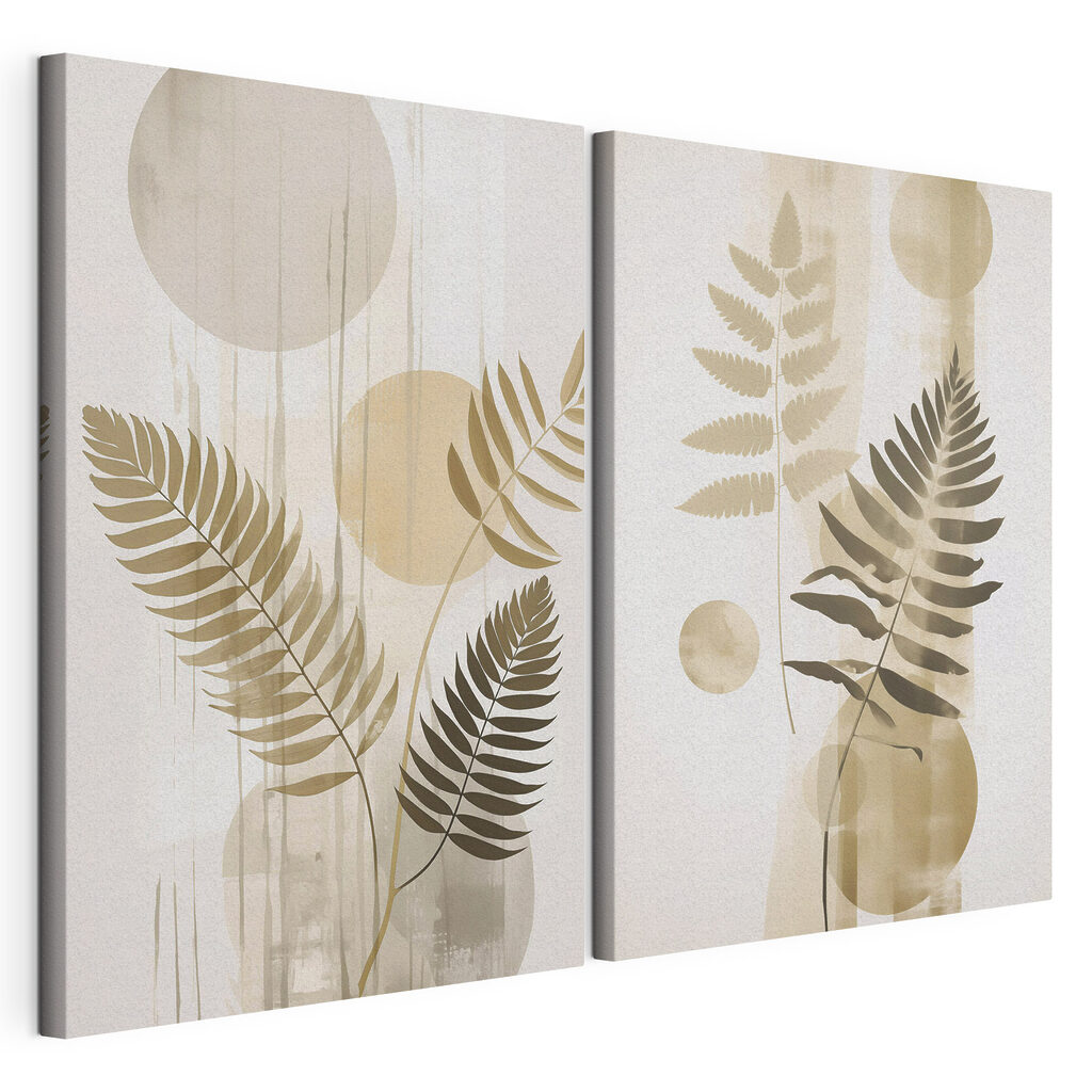 Twee kunstwerken met bladeren en cirkels, gespannen canvas met doorlopende rand