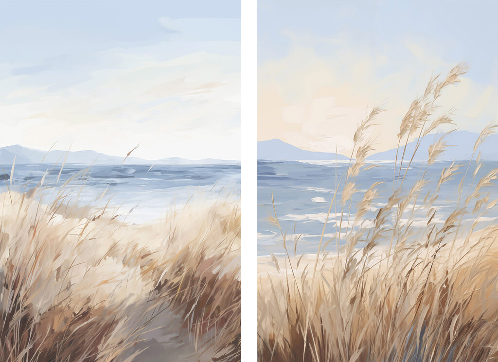 Schilderij van een strand en gras — volledig ontwerp