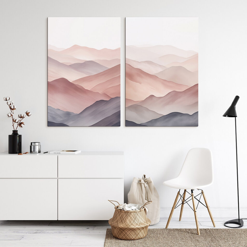 Screenshot van een schilderij van een bergketen in een interieur