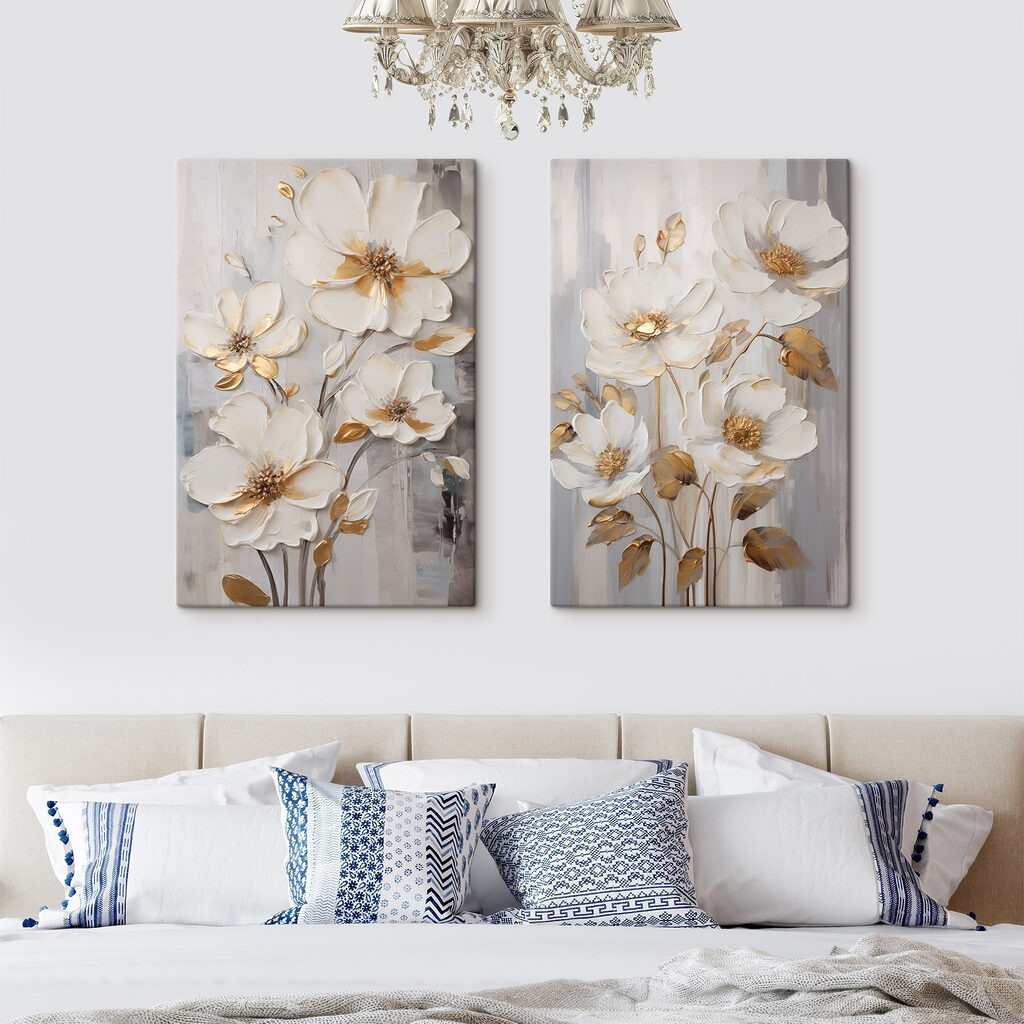 Schilderij van bloemen op een grijze achtergrond in een interieur