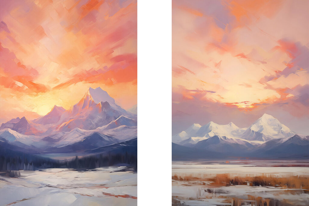 Schilderij van een besneeuwde bergketen — volledig ontwerp