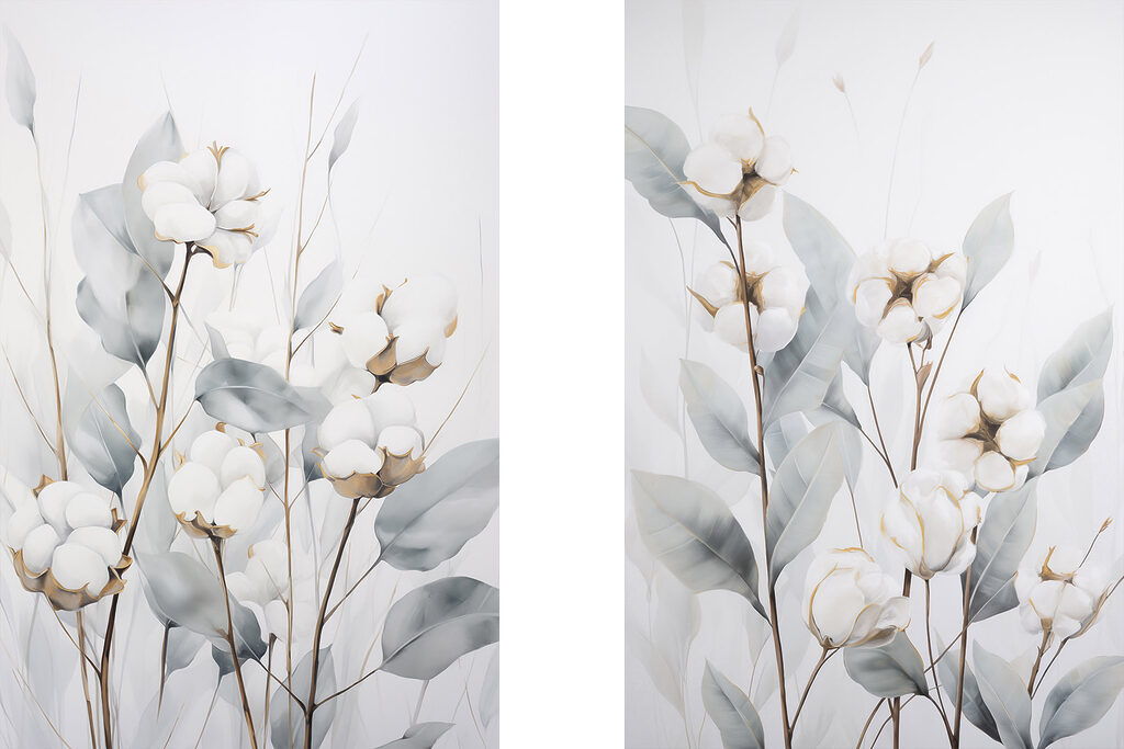 Schilderij van katoenbloemen en -bladeren — volledig ontwerp
