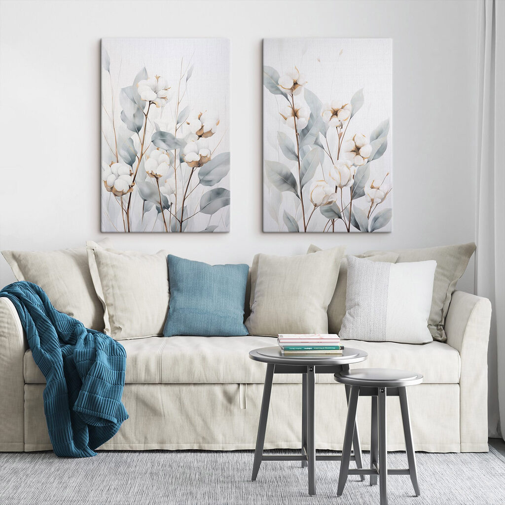 Schilderij van katoenbloemen en -bladeren — interieur 2