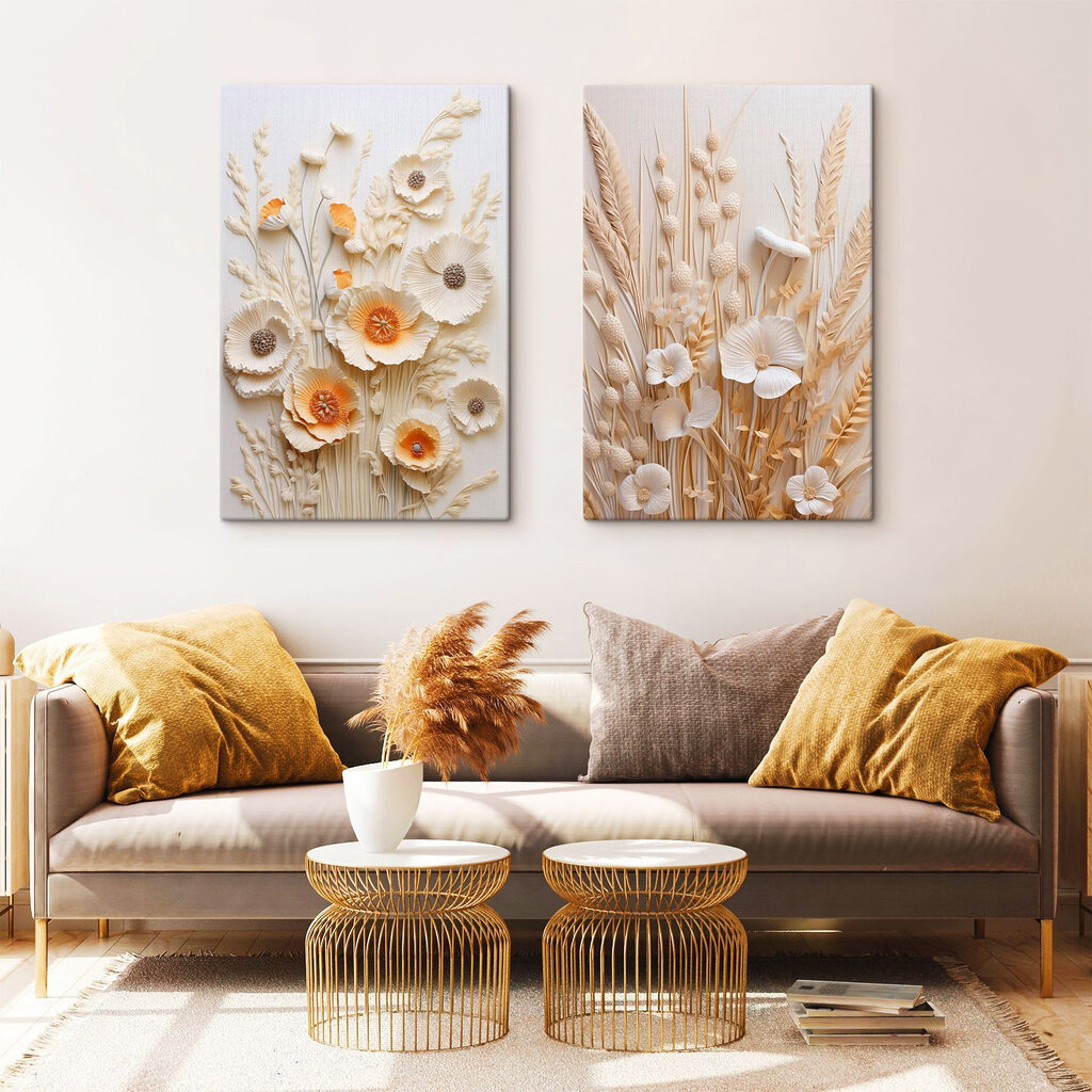 Collage van bloemen en tarwe in een interieur
