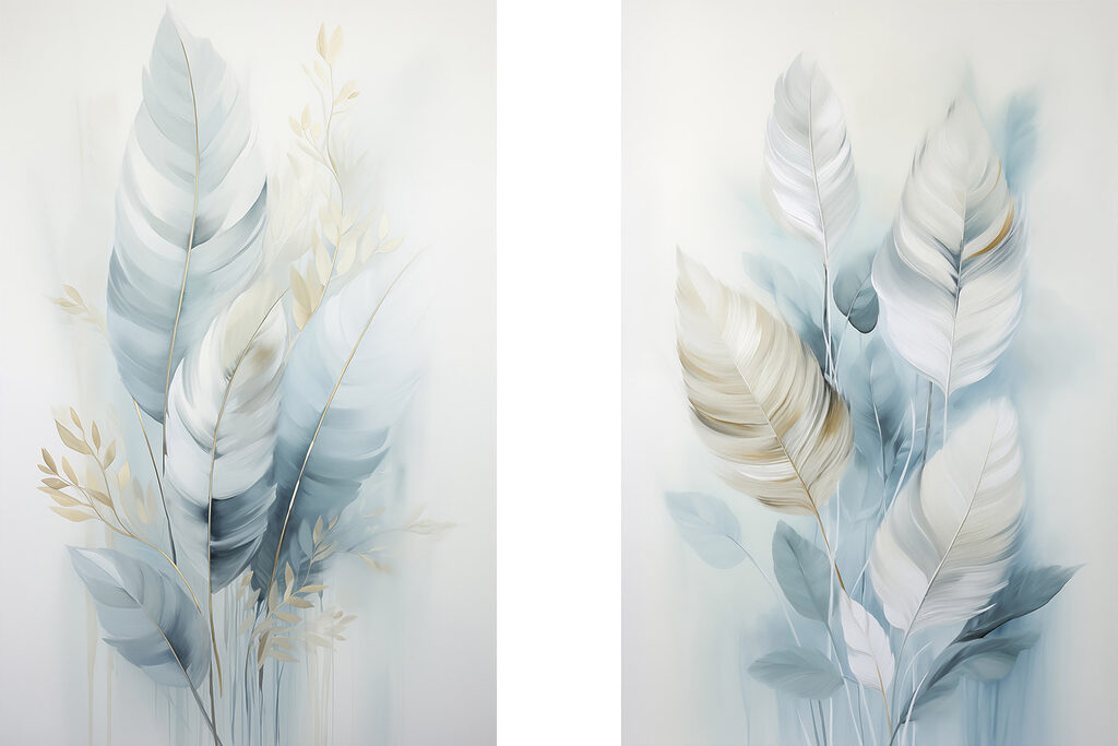 Schilderij van veren en bladeren — volledig ontwerp