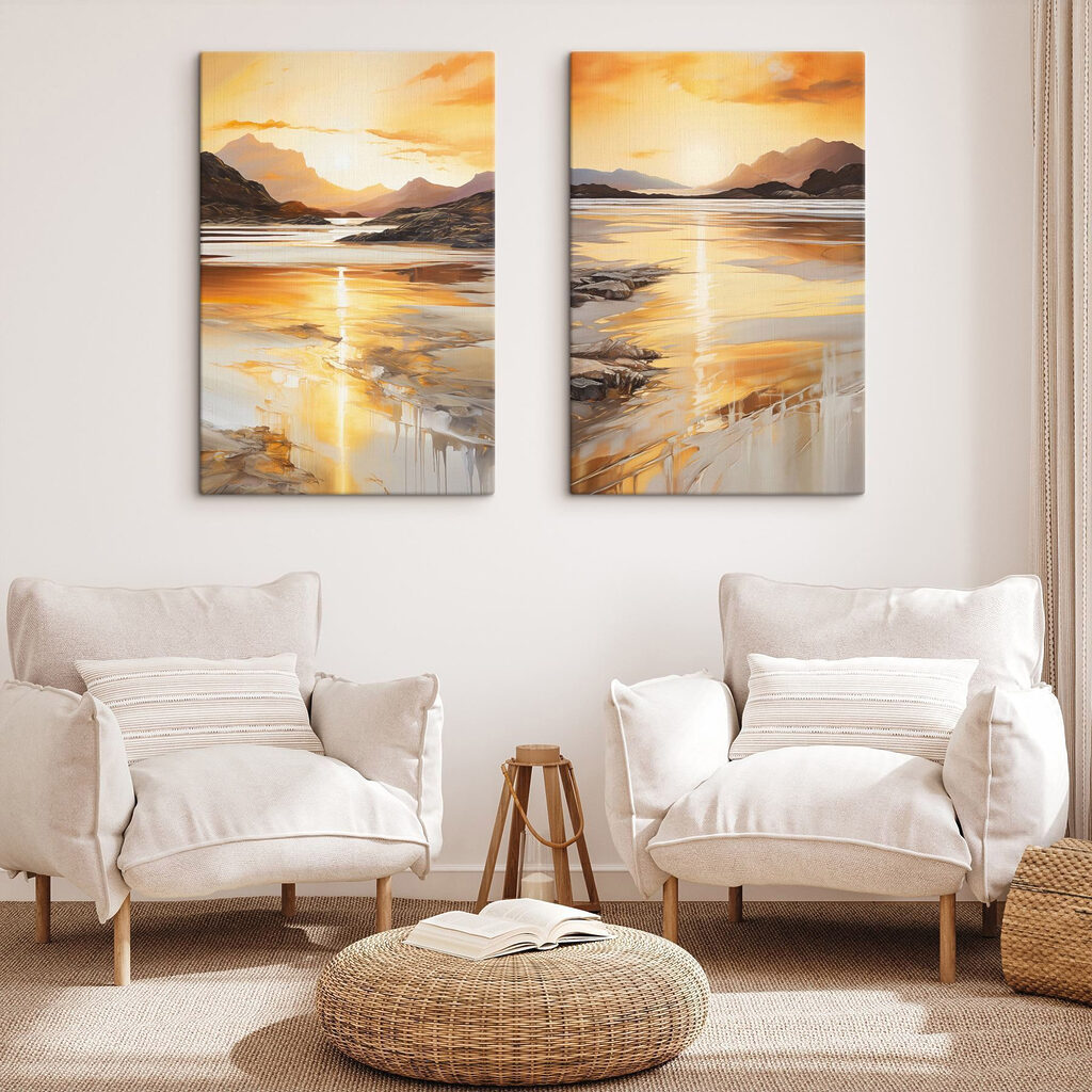 Schilderij van een strand en bergen in een interieur