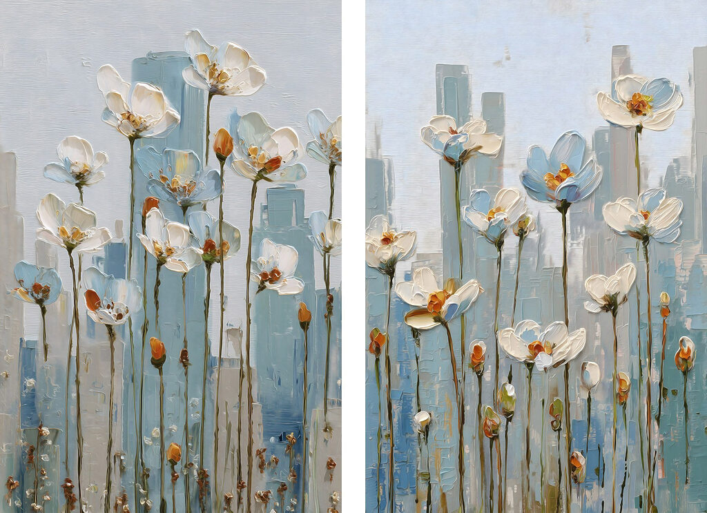 Schilderij van bloemen in een stad — volledig ontwerp
