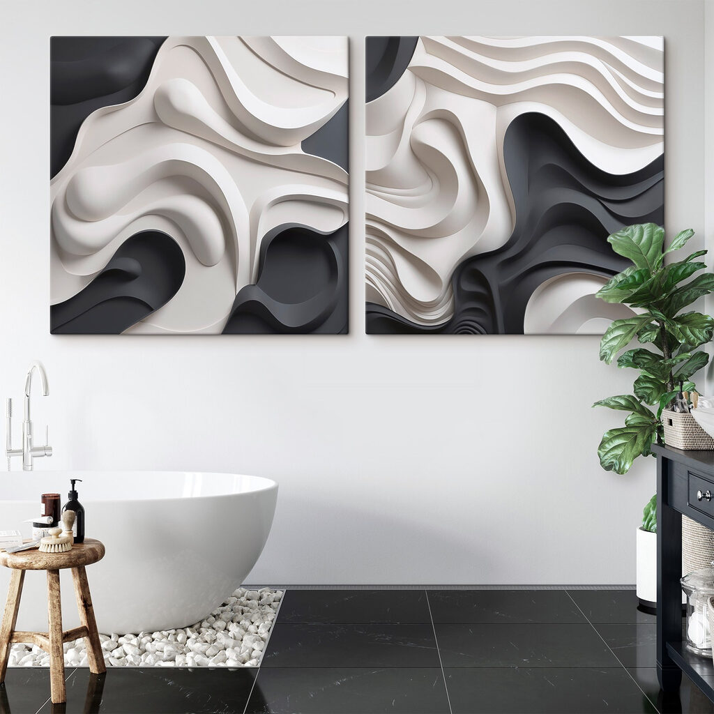 - Vloeiende vormen in monochrome tinten in een interieur
