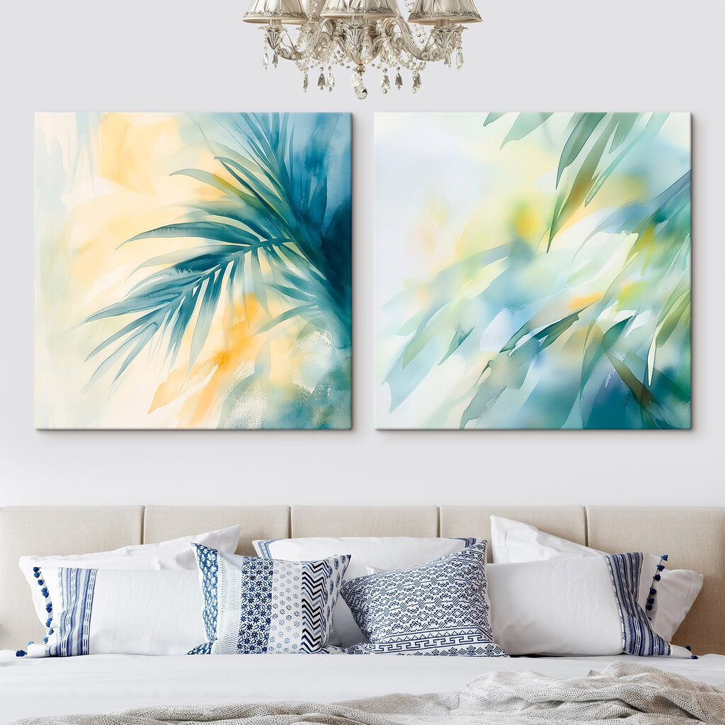 Aquarelschilderij van bladeren in een interieur