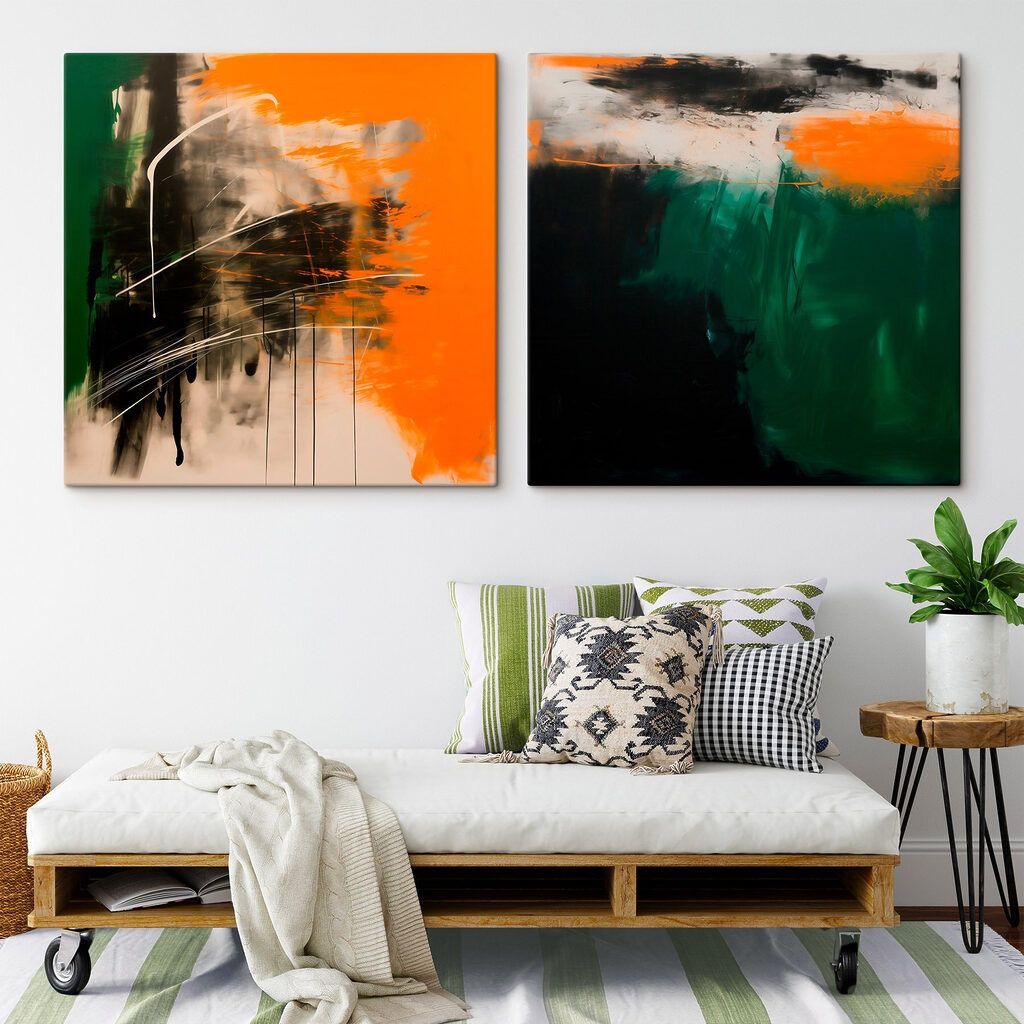 Twee kunstwerken in oranje en zwart — interieur 2