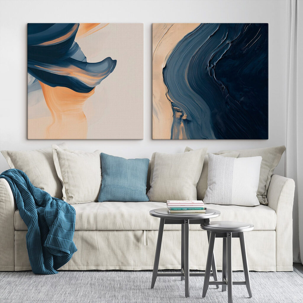 Vloeiende penseelstreken in blauw en oranje — interieur 2
