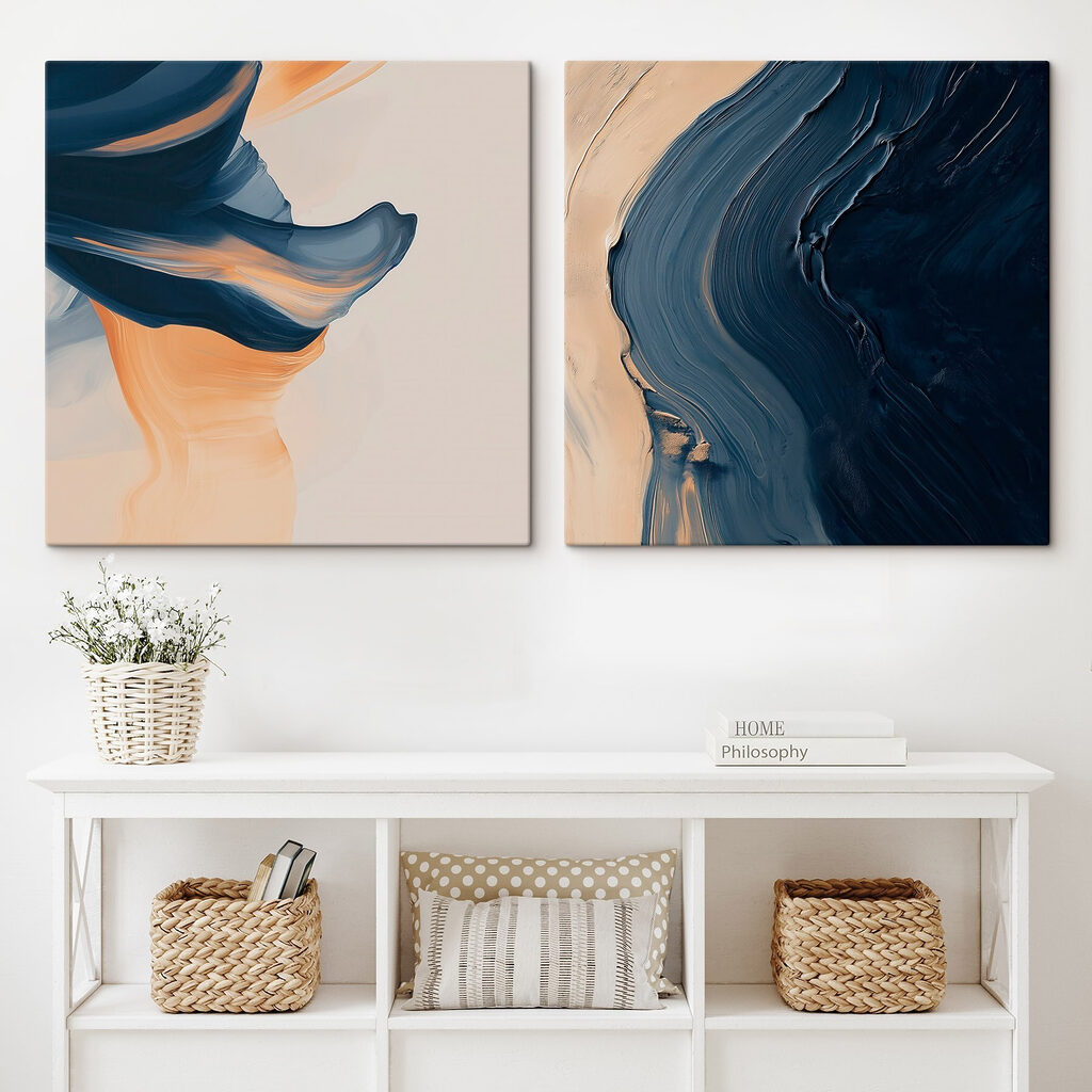 Vloeiende penseelstreken in blauw en oranje — interieur 1