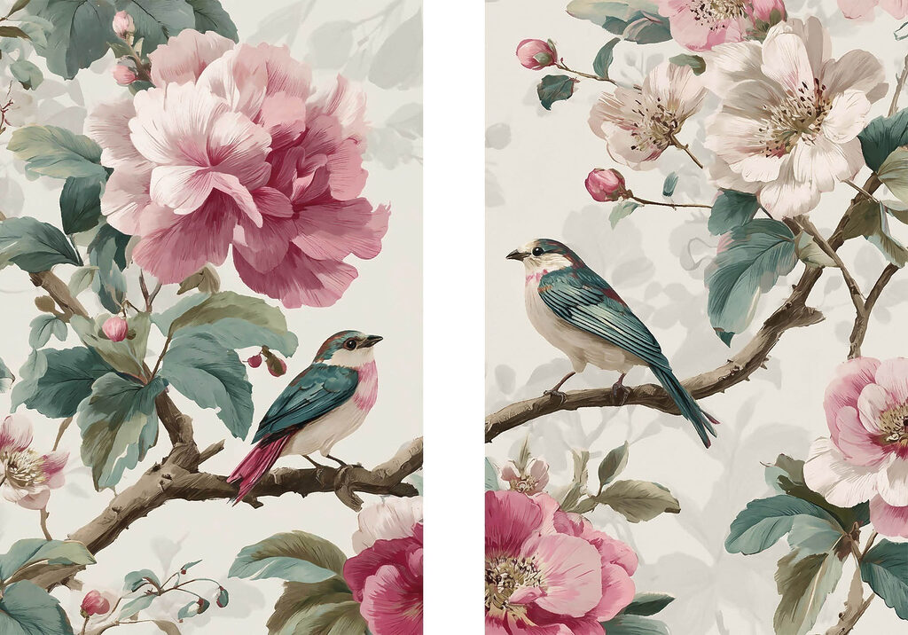 Twee vogels op een tak met bloemen — volledig ontwerp