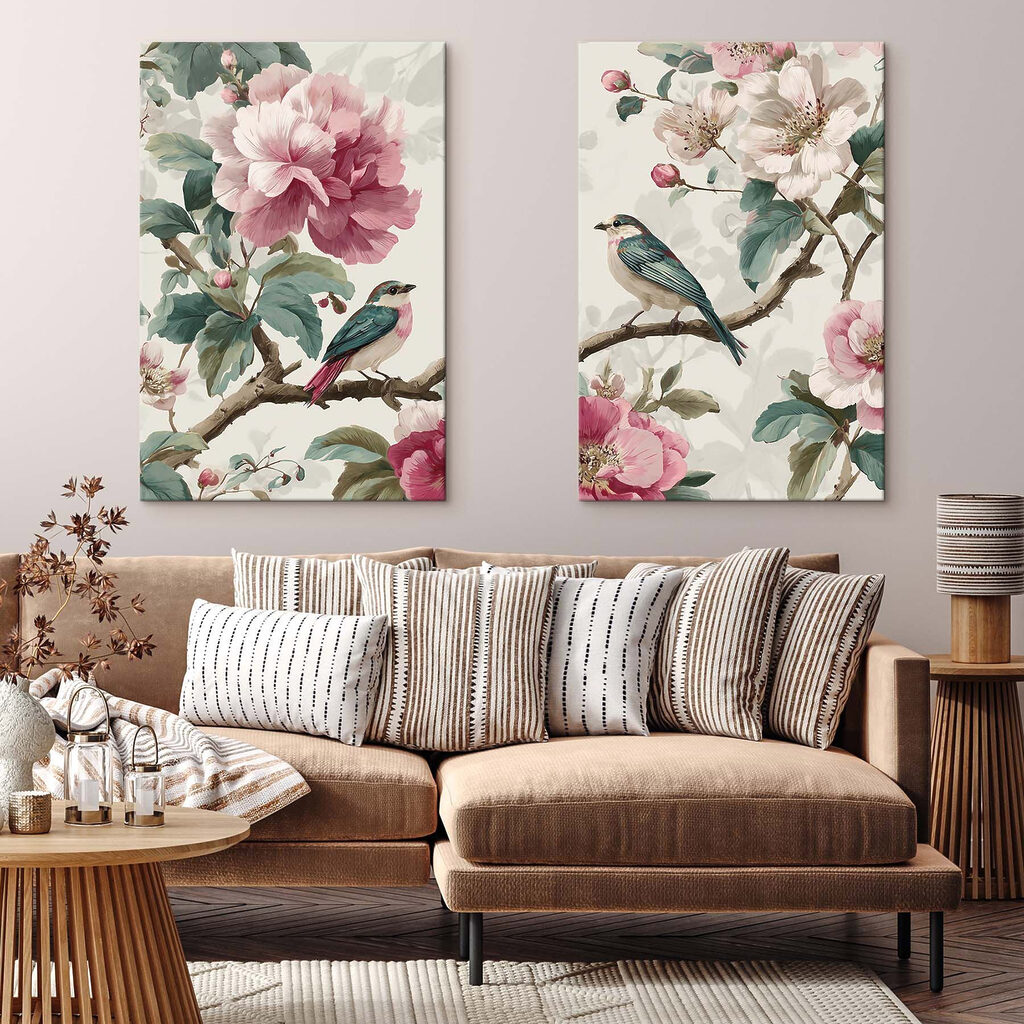Twee vogels op een tak met bloemen — interieur 1