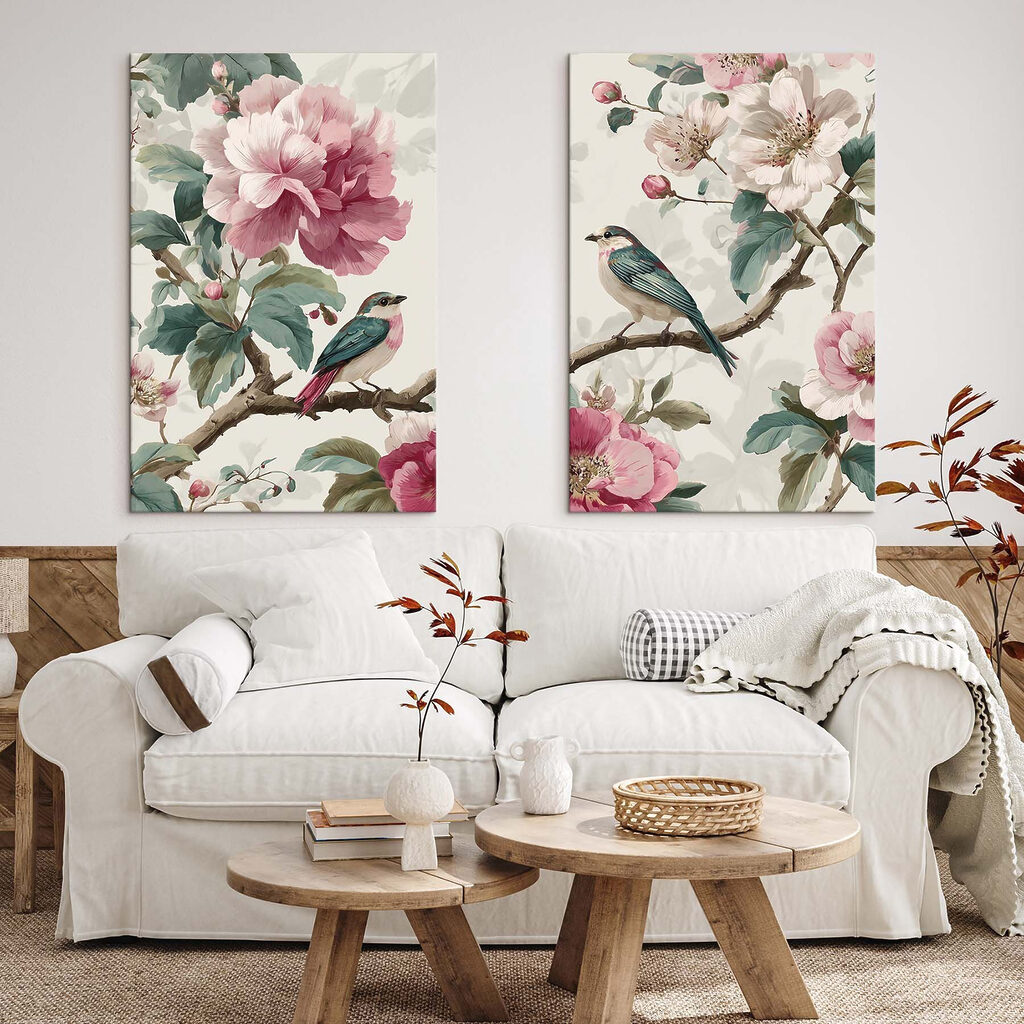 Twee vogels op een tak met bloemen — interieur 2