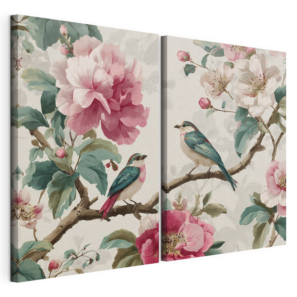 Twee vogels op een tak met bloemen — productweergave