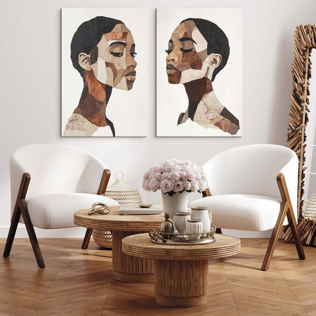 Collage van het gezicht van een vrouw in een interieur