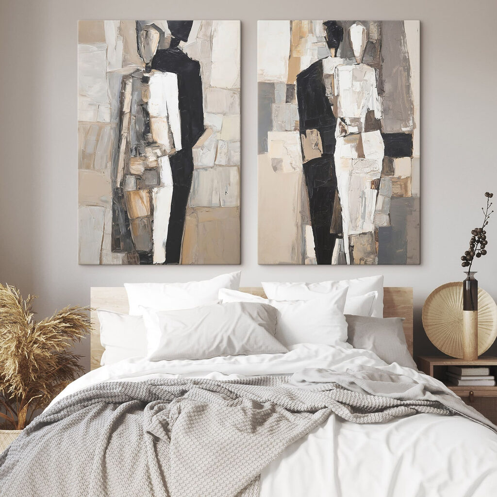 Schilderij van mensen in verschillende houdingen in een interieur