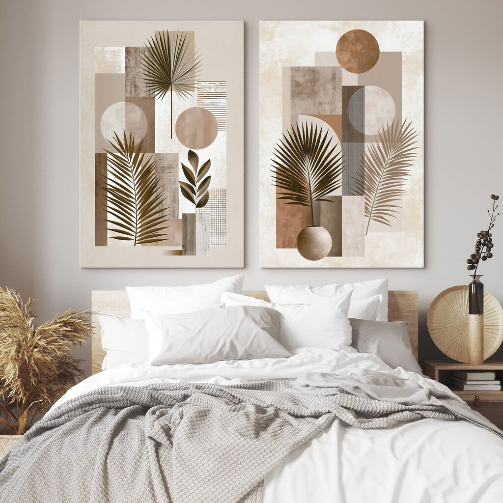 Twee kunstwerken met plantenmotieven in een interieur