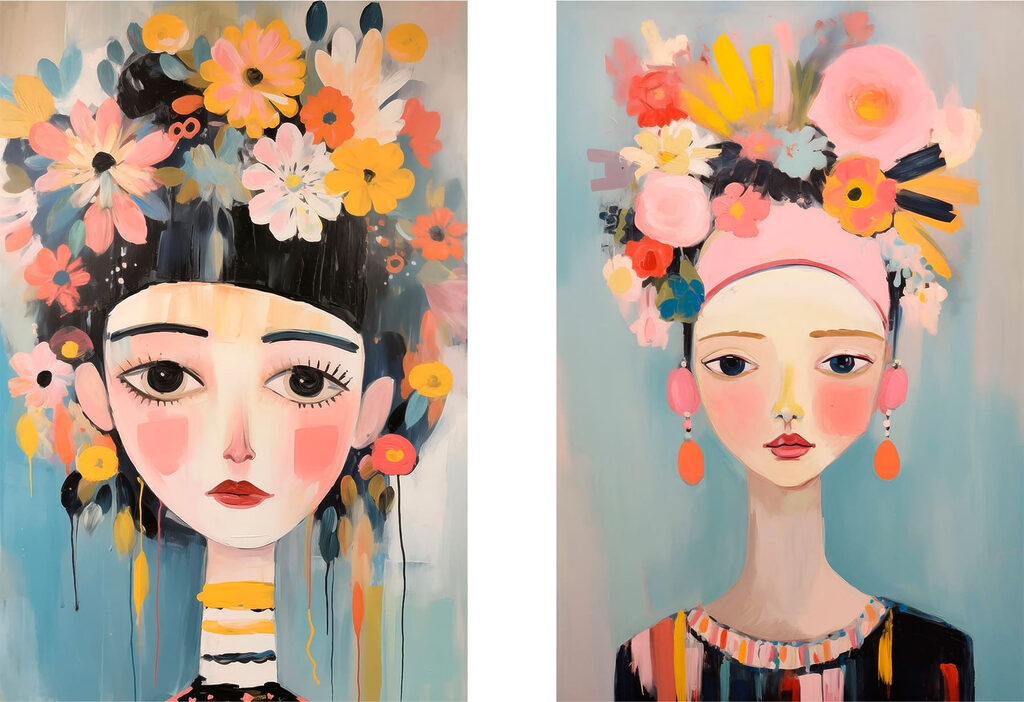 Twee schilderijen van een vrouw met bloemen — volledig ontwerp