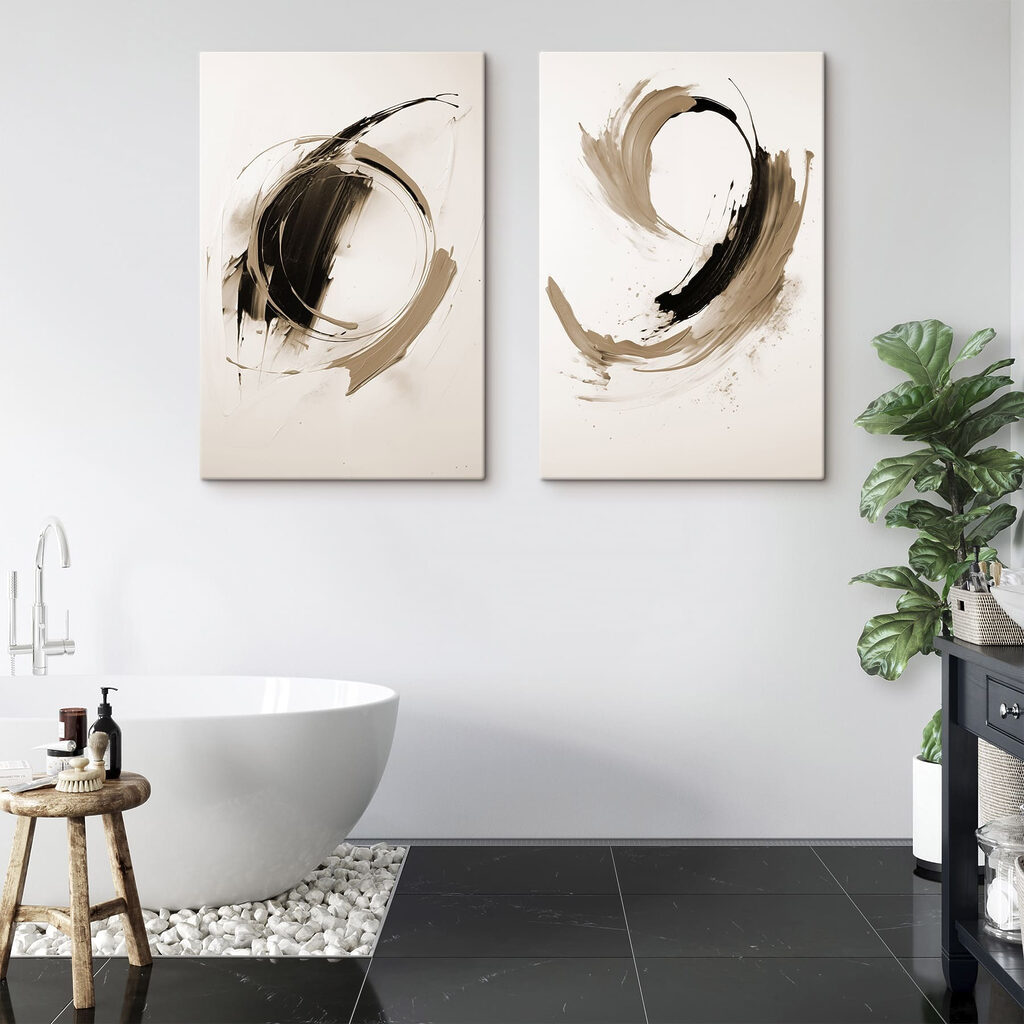 Dynamische penseelstreken in contrasterende tinten in een interieur