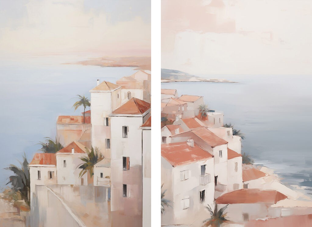 Schilderij van een stad op een klif — volledig ontwerp