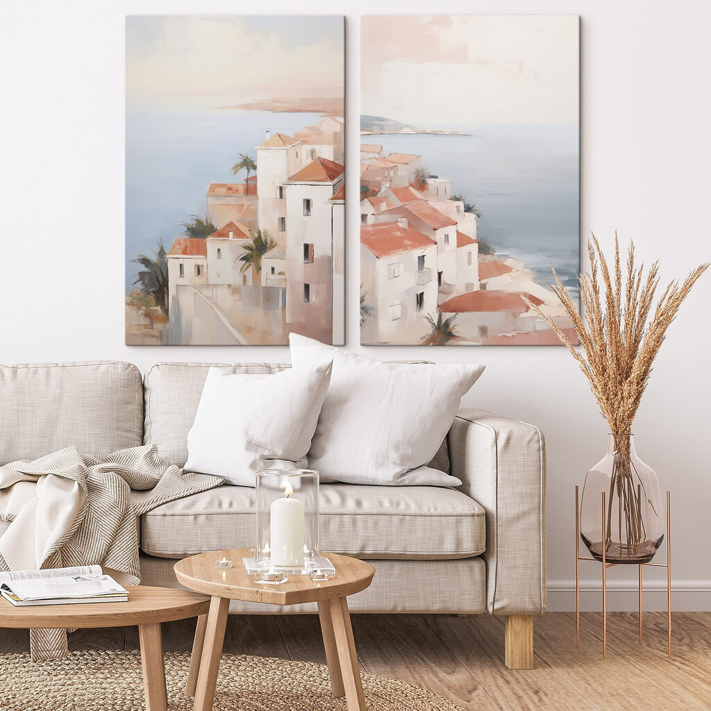 Schilderij van een stad op een klif in een interieur