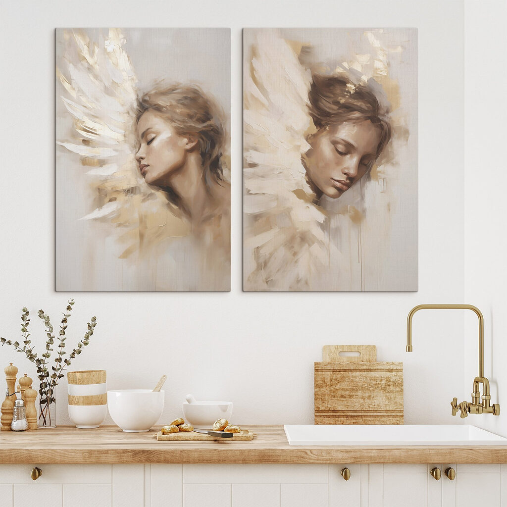 Schilderij van een vrouw met vleugels in een interieur