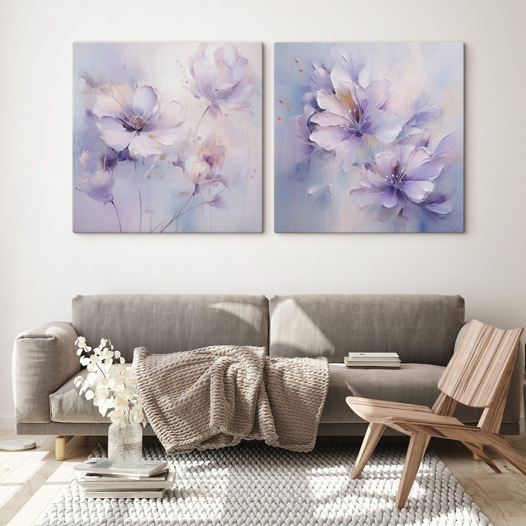 Schilderij van bloemen op een witte ondergrond in een interieur