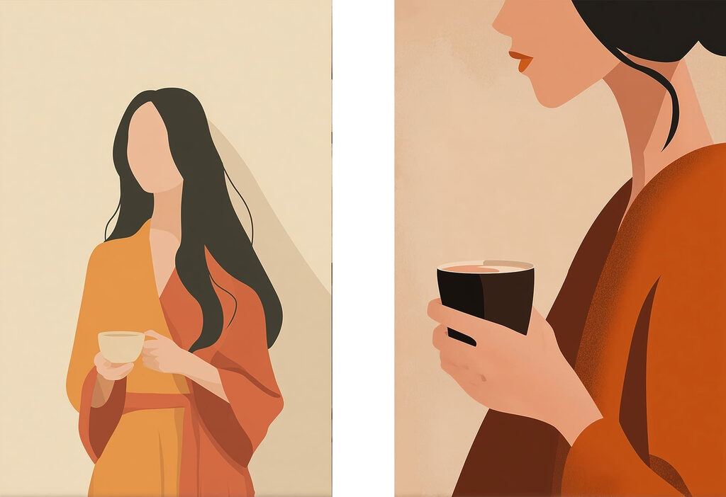 Vrouw met een kopje koffie in haar hand — volledig ontwerp