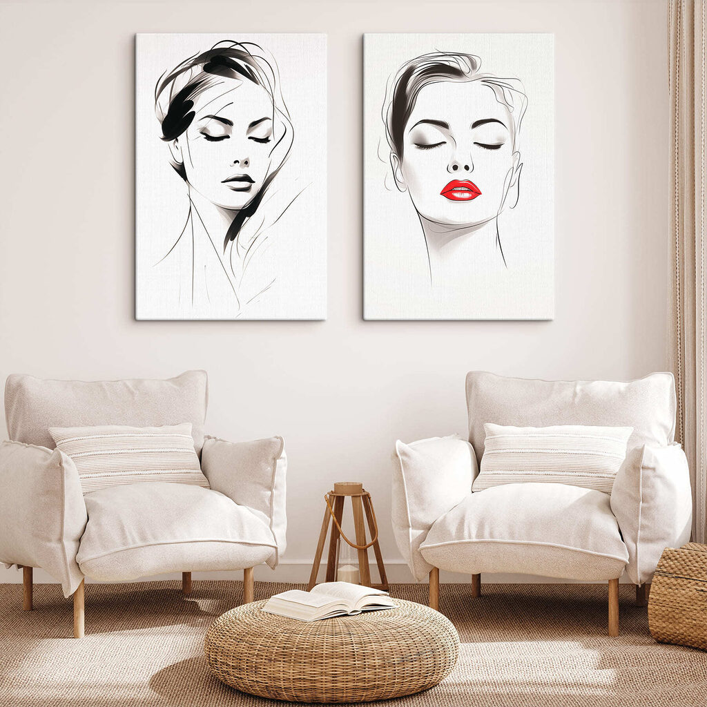 Het gezicht van een vrouw met rode lippen in een interieur
