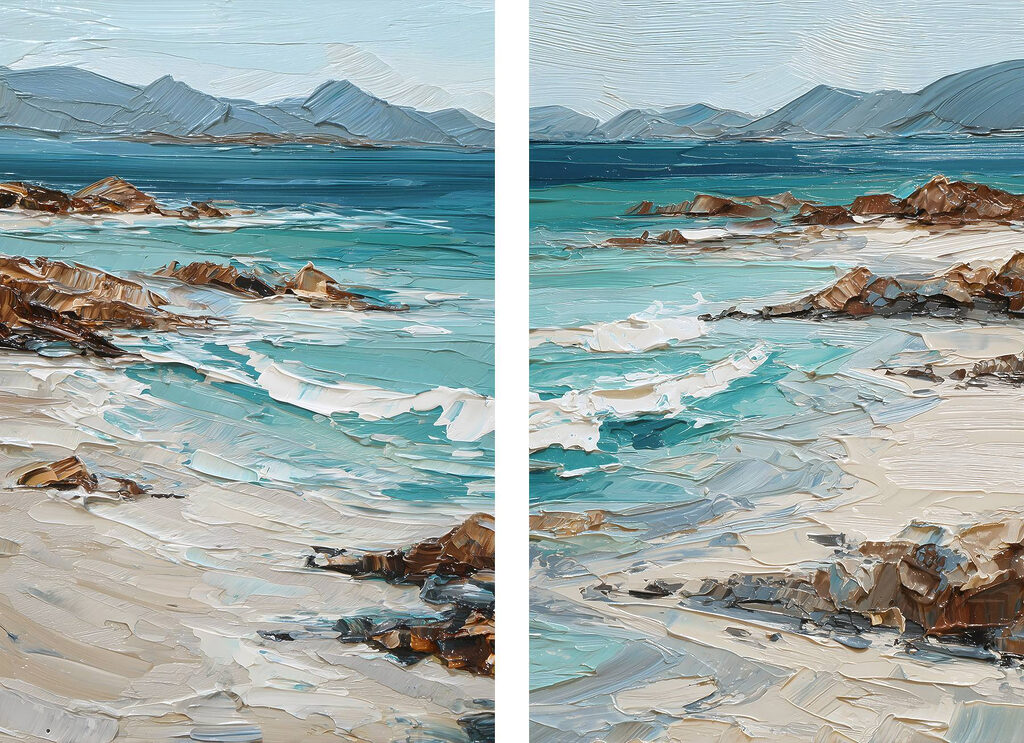 Schilderij van een strand met golven en rotsen — volledig ontwerp