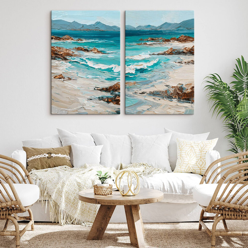 Schilderij van een strand met golven en rotsen — interieur 2