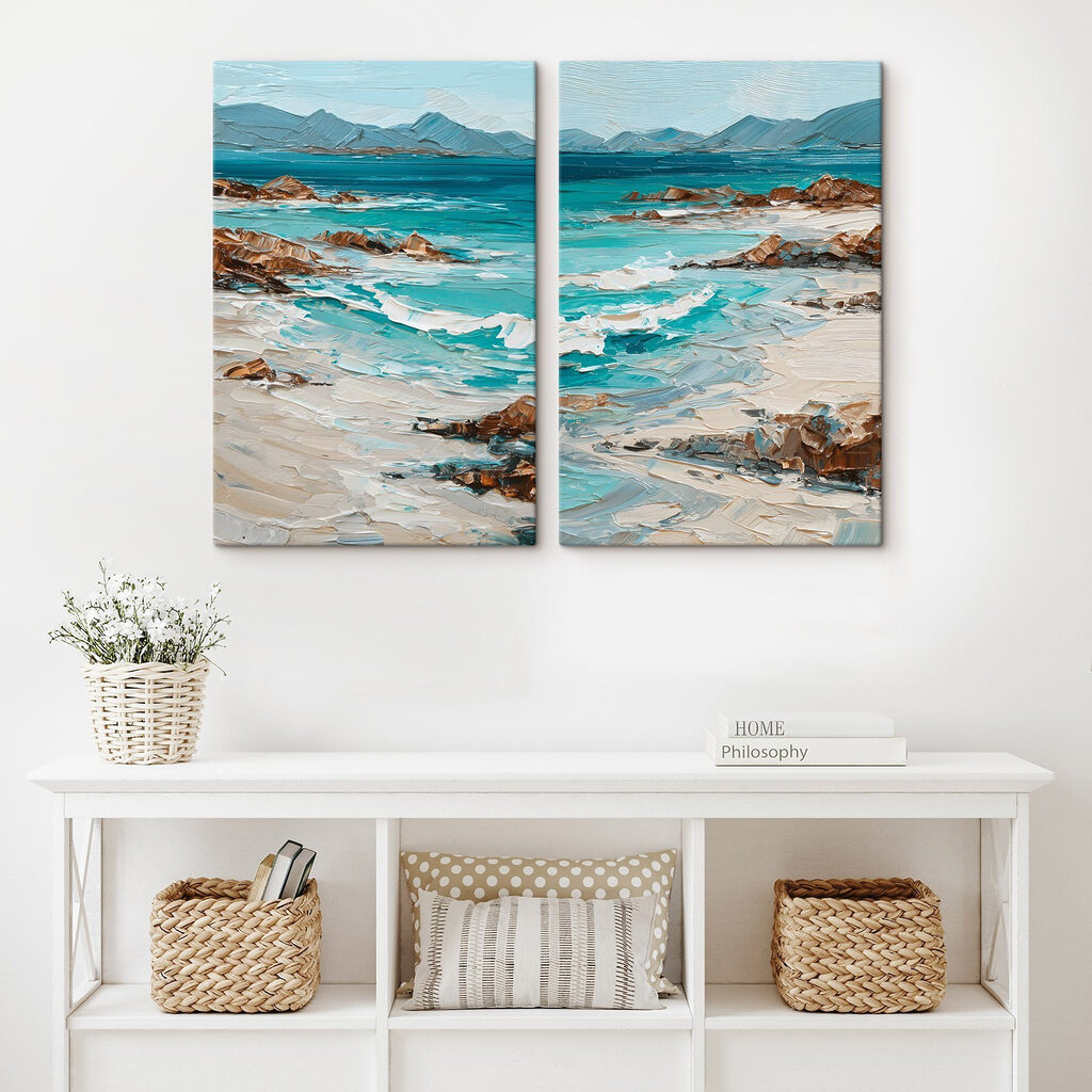 Schilderij van een strand met golven en rotsen — interieur 1