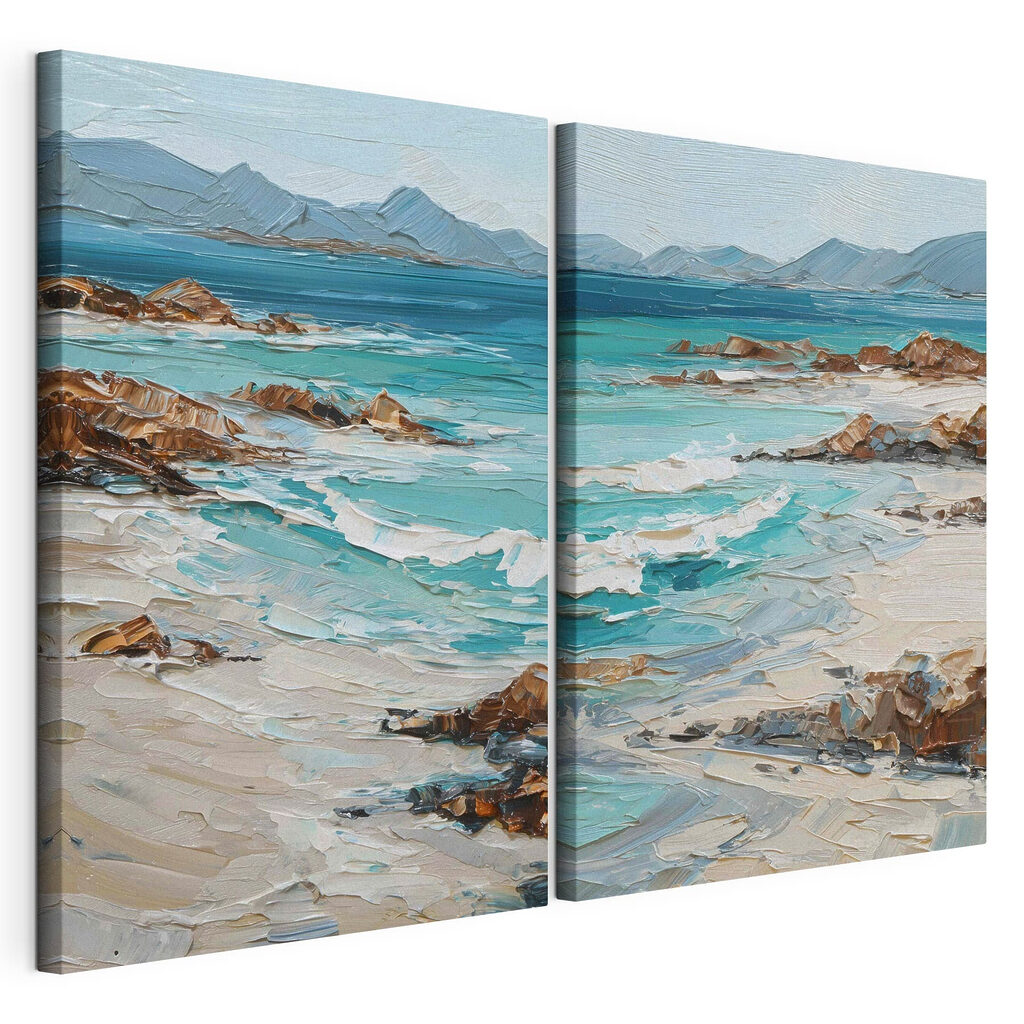 Schilderij van een strand met golven en rotsen — productweergave