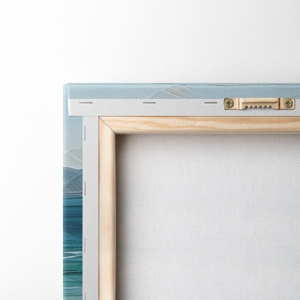 Schilderij van een strand met golven en rotsen — achterkant