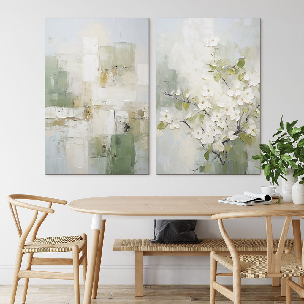Schilderij van een boom met witte bloemen in een interieur