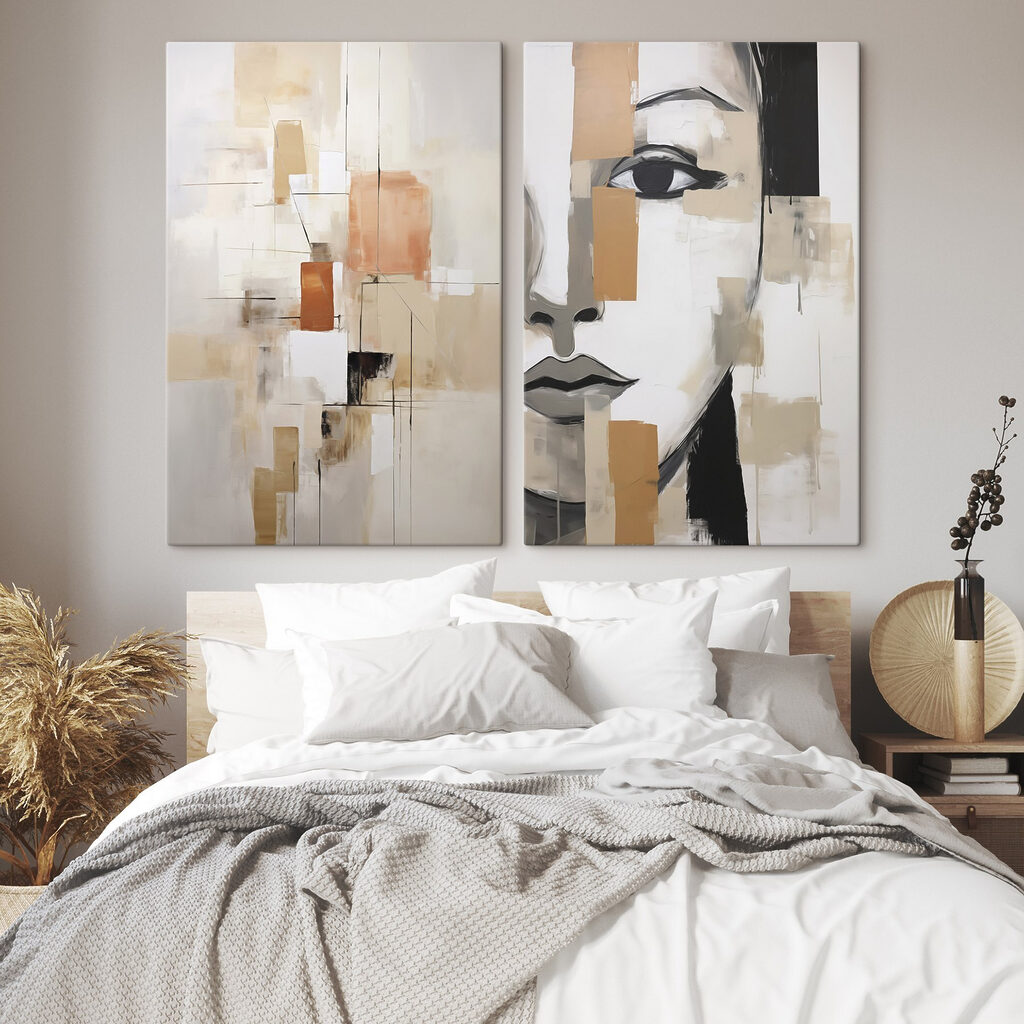 Schilderij van het gezicht van een vrouw in een interieur