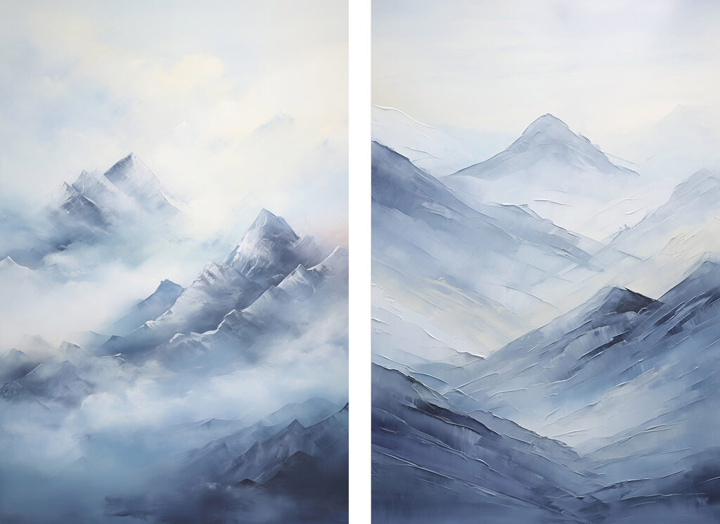 Schilderij van bergen in de mist — volledig ontwerp