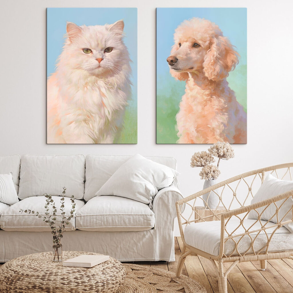 Kat en hond die naar de camera kijken in een interieur