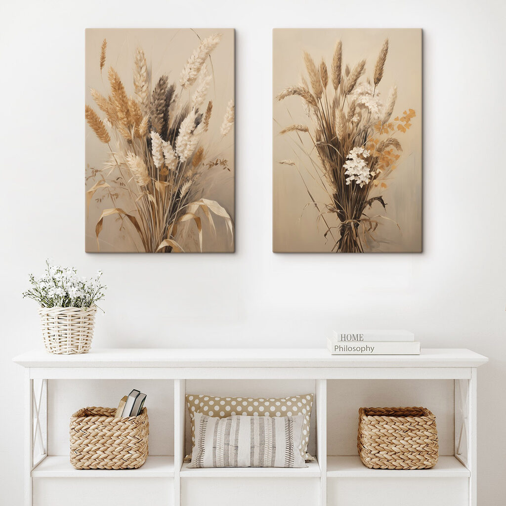 Schilderij van tarwe en bloemen in een interieur