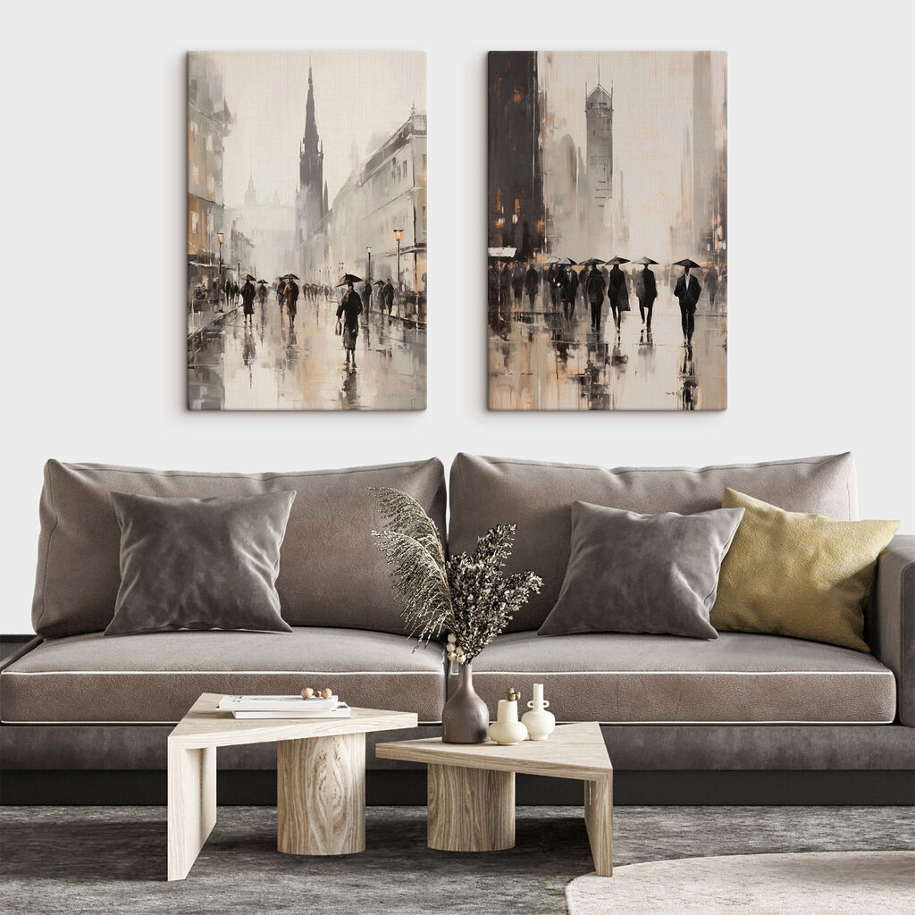 Schilderij van mensen die met paraplu’s lopen — interieur 1