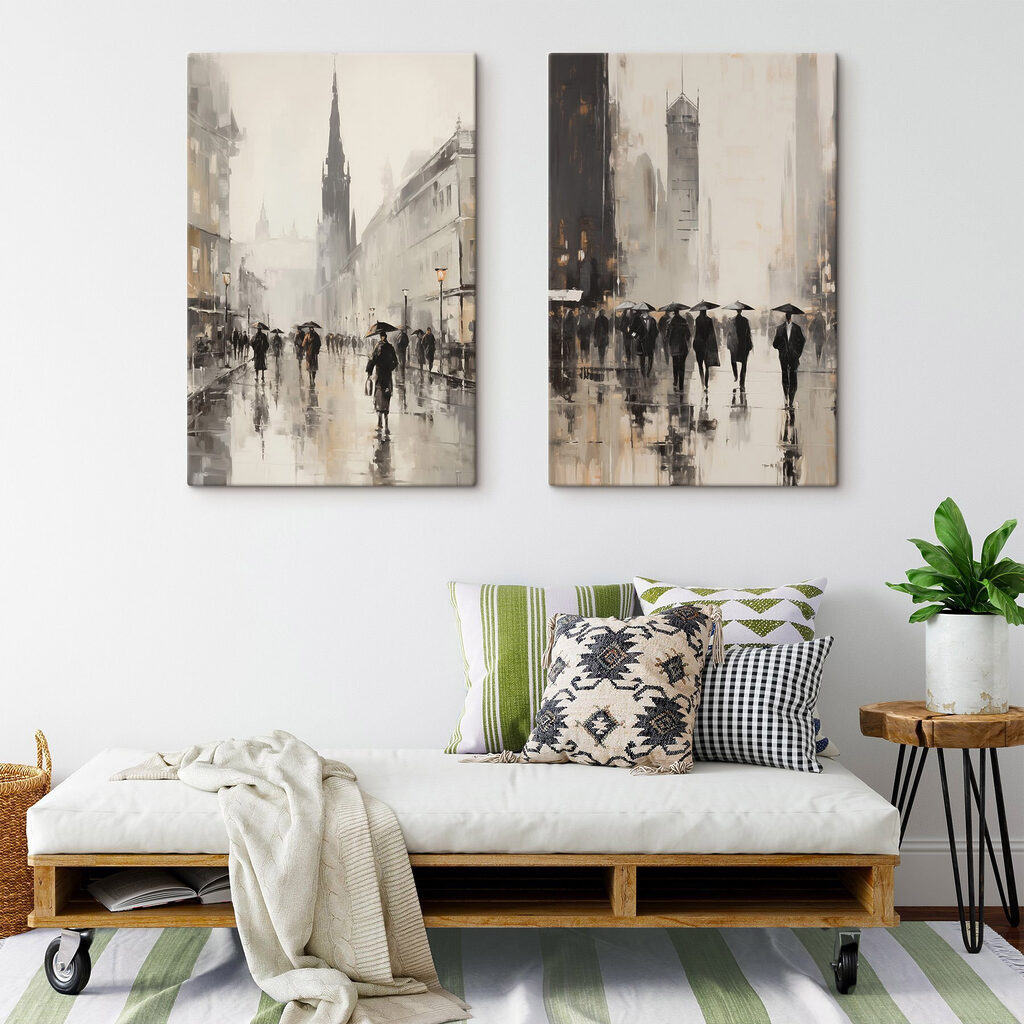 Schilderij van mensen die met paraplu’s lopen — interieur 2